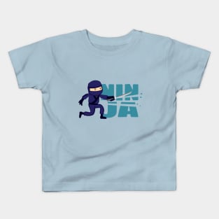 Kawaii Cute Blue Japan Ninja with  samurai sword Kids T-Shirt